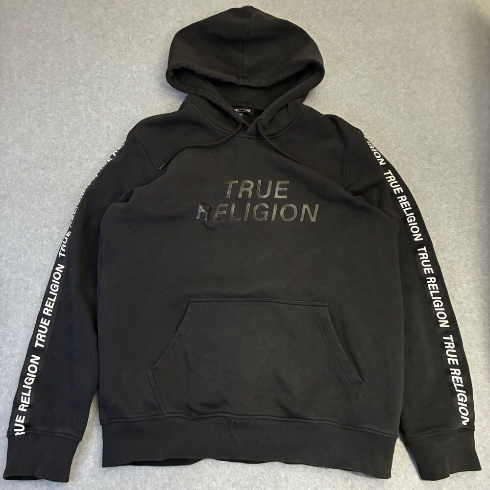 True Religion Black Pullover Hoodie Logo Sleeve Spell Out Men’s Large